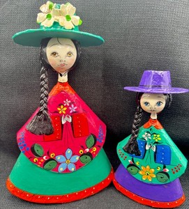VTG Mexican Folk Art Dolls SerMel Style Paper Mache Hand Painted Pair 9" 6" VGC