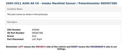 AUDI A6 C6 2005-2011 - Sensor colector de admisión / potenciómetro 06E907386 - Imagen 3 de 4