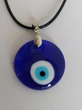 Evil Eye Protect Round Pendant Necklace, Glass, Rope Chain (395)