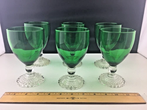 6 Vintage 1950's Anchor Hocking Bubble Foot Green Water Goblets MCM Bar