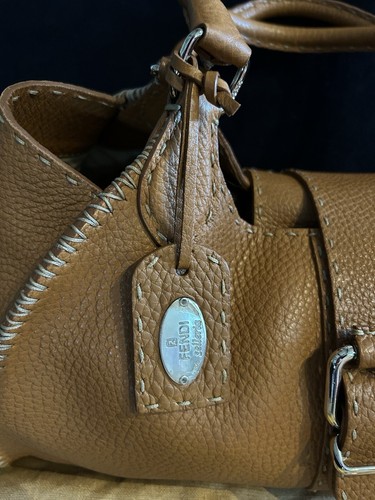 Authentic FENDI Selleria Linda Handbag Camel Leather Boston Bag with Dust Cover - Picture 9 of 11