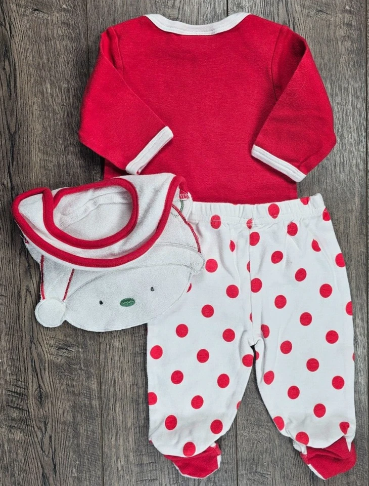 Baby Girl Clothes Bon Bebe 0-3 Month 3pc Santa Bear Footed Outfit & Bib - Image 4 of 4