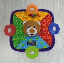 Nuby Teething Blankie Bear Squeak Crinkle Purple red green blue orange teehter