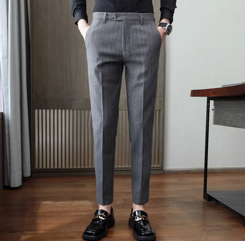 Men's British Style Wool Blend Suit Pants Striped Casual Business Trousers Retro - Bild 5 von 14