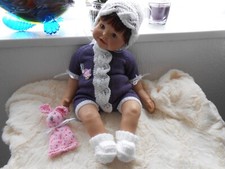 Hand knitted Purple.white  *Bunny*Romper Set .Baby Girl 0-3mth/reborn 19-22" NEW