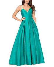 Blondie Nites Juniors Ball Gown 1 Teal Green Pleated V-Neck Lace-Up Back NWT