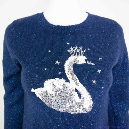 Children's Place shimmering metallic thread sequin swan navy blue sweater, L - Picture 3 of 12