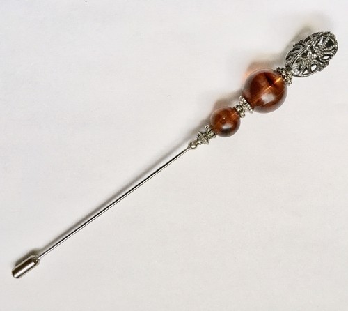 HATPIN con color ámbar tortuga y hallazgo de acabado plateado vintage en pasador de 6 pulgadas - Imagen 5 de 9