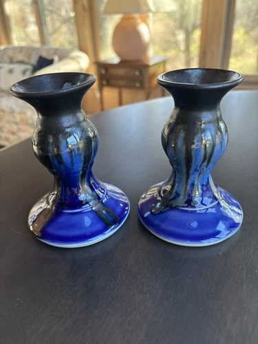 Edgecomb Potters Signed Blue Onyx Metallic Drip Glaze Pottery Candlesticks Pair