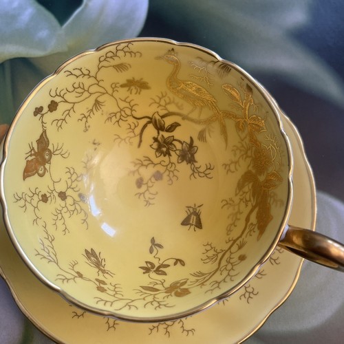 Coalport Yellow Tea Cup & Saucer Set with Gold Bird Paradise Floral England - Picture 5 of 10
