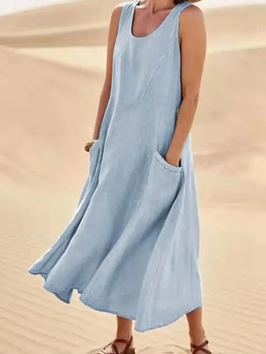 Damen Baumwolle Leinen Sommerkleid Sommer weiblich ärmellos doppelte große Tasche locker sand - Bild 11 von 37