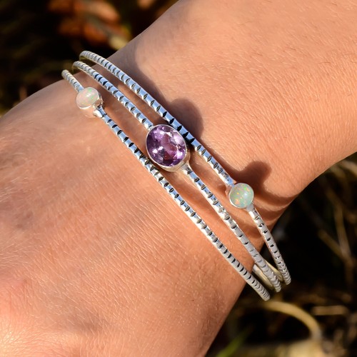 Amethyst Cut & Fire Opal Gemstone 925 Sterling Silver Bangle Cuff For Anyone
