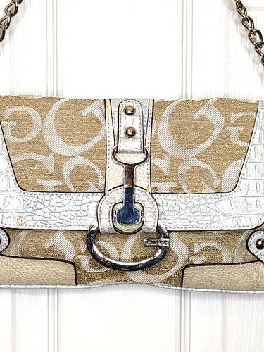 Guess Handbag Purse Signature Chain Strap Clutch Beige Gold - Picture 2 of 14