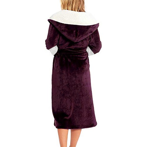 Women Sherpa Robes Hooded Fuzzy Plush Bathrobe Ladies Warm Solid Color Home - Picture 50 of 76