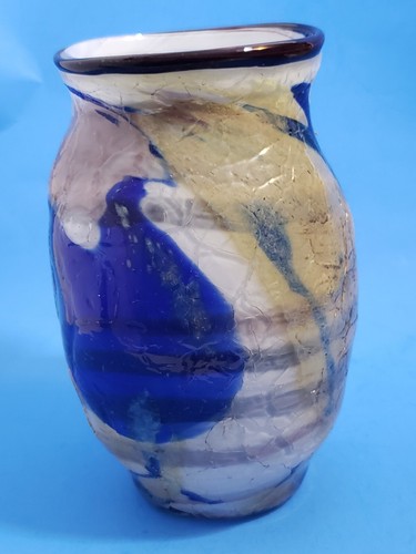 Hand Blown Art Glass Vase Swirl Cased Crackled Design Blue Tan Pattern - Picture 3 of 12