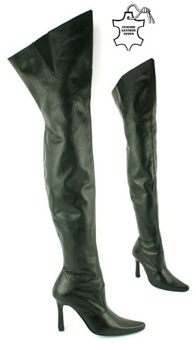 WOMENS MENS REAL LEATHER OVER THE KNEE THIGH HIGH SEXY FETISH KINKY BOOTS SIZE - Picture 1 of 11