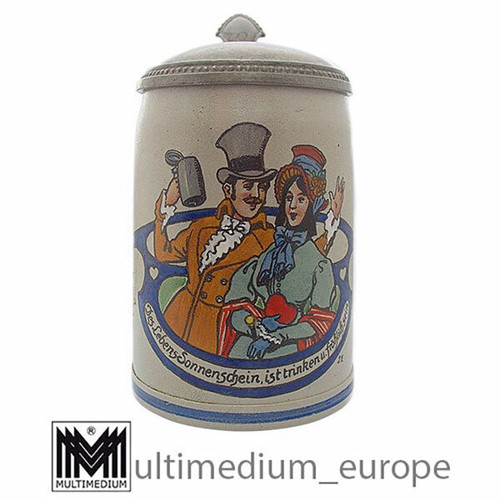 Steinkrug Bierkrug Zinndeckel Engelmarke Des Lebens Sonnenschein Emaillemalerei - Bild 2 von 5