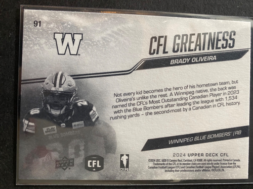 Brady Oliveira (Winnipeg, MB) - 2024 Upper Deck CFL "Greatness" Card #91 - Picture 2 of 2