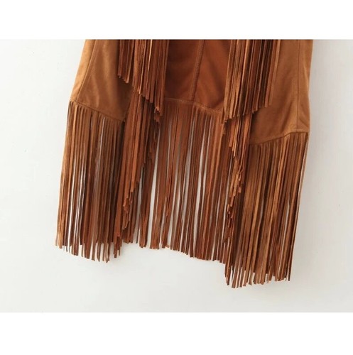 Women Faux Suede Retro Western Tassels Fringed Vest Cardigan Waistcoat Fall Coat - Picture 8 of 14