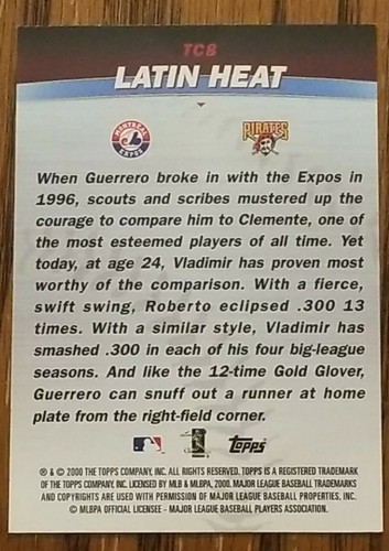 ROBERTO CLEMENTE--VLADIMIR GUERRERO 2000 TOPPS CALOR LATINO #TC8 PIRATAS - Imagen 2 de 2