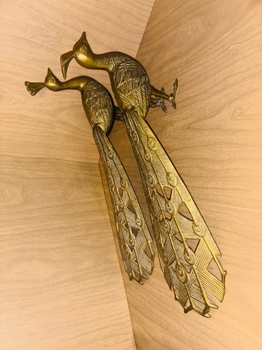 Vintage Brass Male & Female Peacock Figurines (2) MCM Brass see photos read