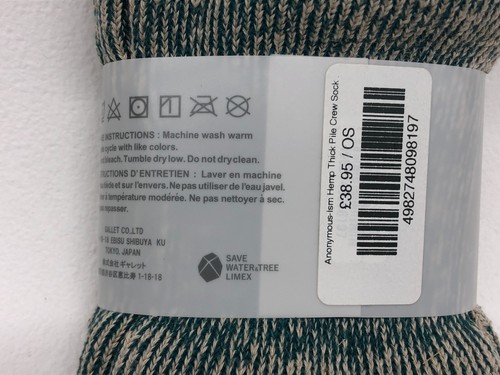 Anonymous Ism Hemp Thick Pile Crew Socks Viridian One Size 27-29cm Mens UK 8-11 - Picture 8 of 8