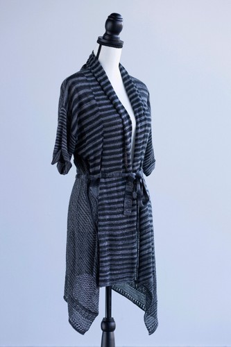 ELIE TAHARI Asymmetric-Hem Textured Linen Gray Black Belted Cardigan Size M - Picture 1 of 5