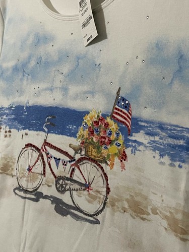 AMERICAN FLAG Beach Scene RED BIKE Embellished TEE Women's Size XL NWT - Picture 5 of 7