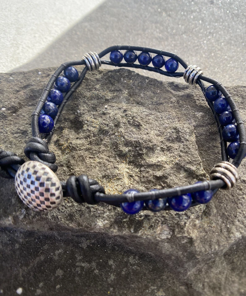 Men's 6mm Lapis and Silver Beaded Wrap Bracelet with Black Leather  USA - Image 3 of 4