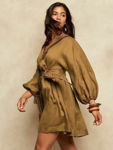 Mini Vestido BANANA REPUBLIC 0 Lino Manga Globo 0 Mostaza Seca Nuevo con Etiquetas - Imagen 1 de 4