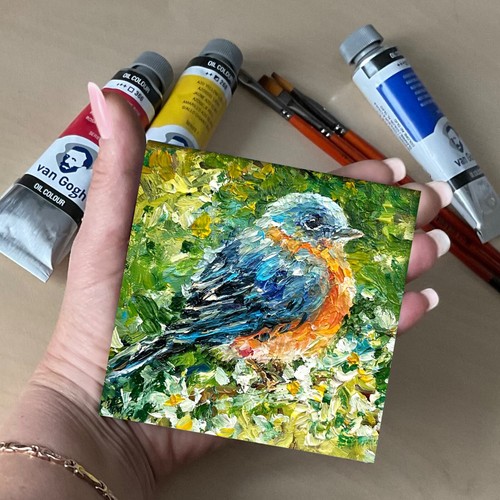 Blue bird painting Original oil artwork small art bird art framed 4x4in so - Picture 4 of 17