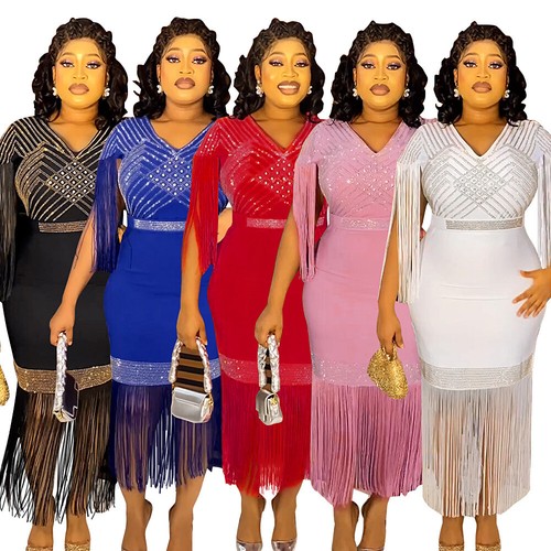 African Dashiki Women Tassel Bodycon Maxi Dress Abaya Party Gown Evening Wedding - Picture 18 of 35