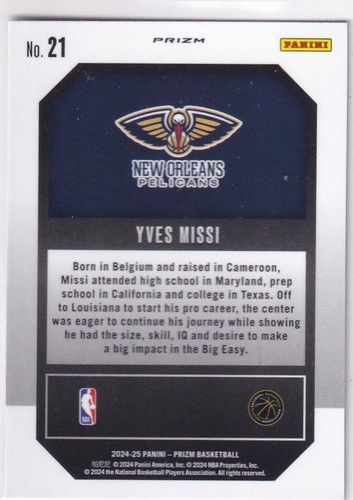 2024-25 Panini Prizm NBA No. 21 Yves Missi Rookie Emergent Silver Prizm - Picture 2 of 2