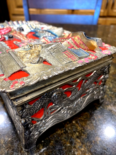 Vintage Japanese Metal Silver Plate Music Trinket Jewelry Box w/ Pagoda Dragons - Picture 6 of 21
