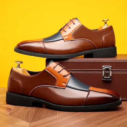 New Oxford Leather Two Tone brown Blue Wingtip Brogue Dress Shoes For Men 10 - Picture 4 of 6