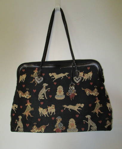 Brighton Vintage Black Tapestry Dog Weekend Shoulder Bag Tote Handbag Large - Picture 2 of 6
