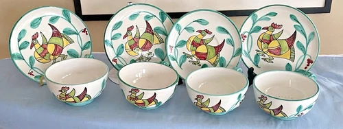 Set of 4 Vintage Italy Ceramics Painted Oversize Soup Cups & Saucers TC MF A.10