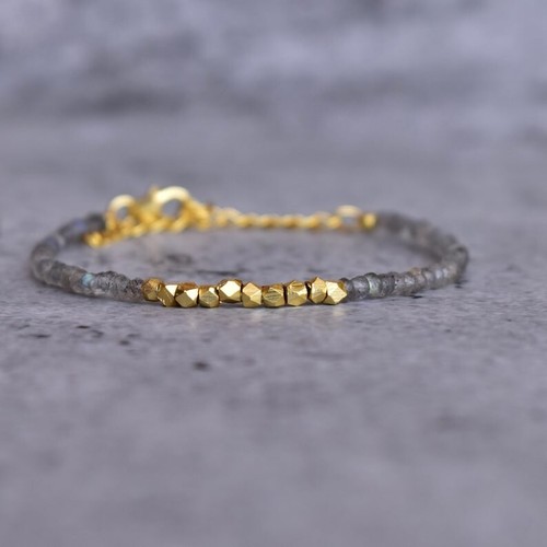 Golden Pyrite & Labradorite 2Multi Faceted Rondelle Gemstone Beads Bracelet 6-8" - Picture 6 of 9