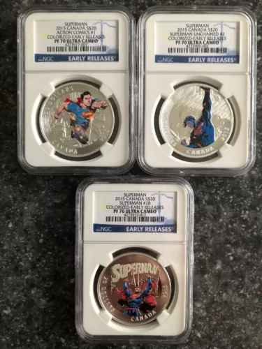2015 Canada $20 Colorized Silver Superman Set #1 #2 #28 NGC PF 70 Early Release