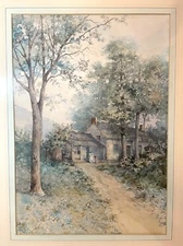 antique original landscape home woods realism watercolor painting country art NL