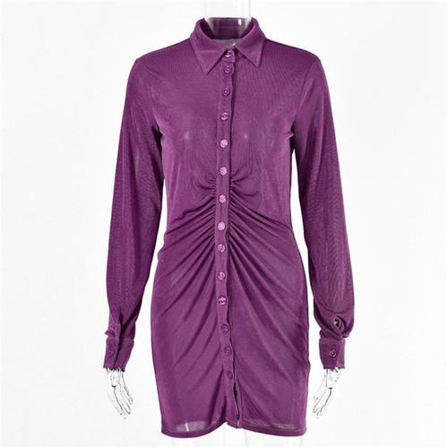 Mini Dress Turn-Down Collar Party Ruched Bodycon Shirts Dress Women Long Sleeve - Picture 17 of 18