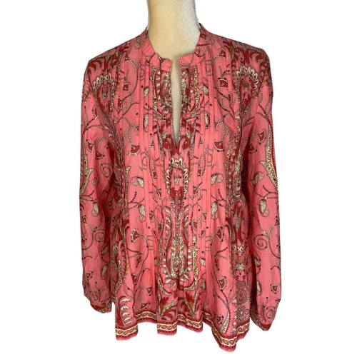 Talbots Peach Orange Pleated Sequin Paisley Tunic V-Neck Cotton Blouse Large