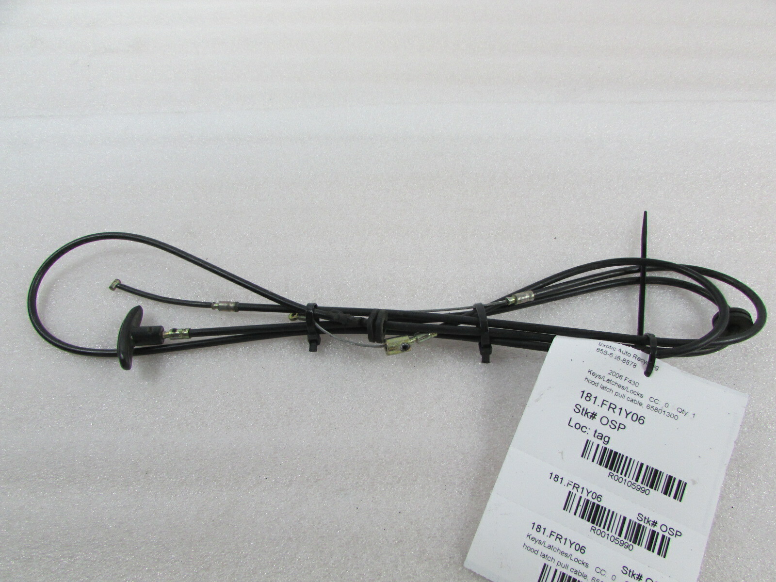 Ferrari 430, Front Hood Manual Release Cable, Used, P/N 65801300