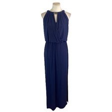 Chaps Dressy Maxi Dress Size M Navy Blue Chained Peekaboo Neckline