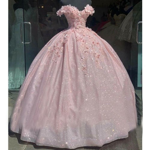 Quinceanera Dresses Sweet 15 16 Off Shoulder 3D Floral Glitter Beaded Ball Gowns - Picture 12 of 26