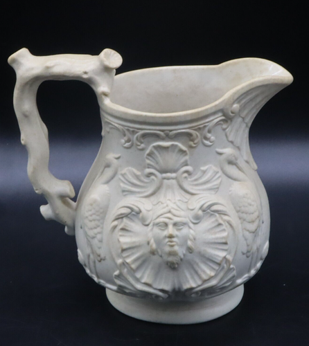 Antique White Parianware Creamer Pitcher Cranes Medieval Art Design 5" B56 - Picture 2 of 5