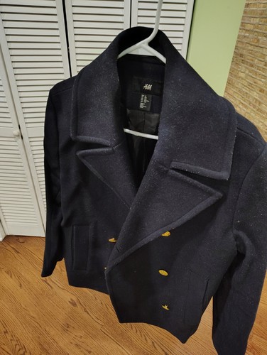H&M Dark Blue Winter Coat. Fits Like Zara Men's Medium Gold Colored Buttons Sexy - Picture 11 of 11