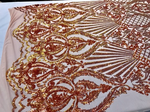 ORANGE IRIDESCENT DAMASK SEQUINS DESIGN ON A 4 WAY STRETCH NUDE MESH-BY YARD. - Picture 2 of 8
