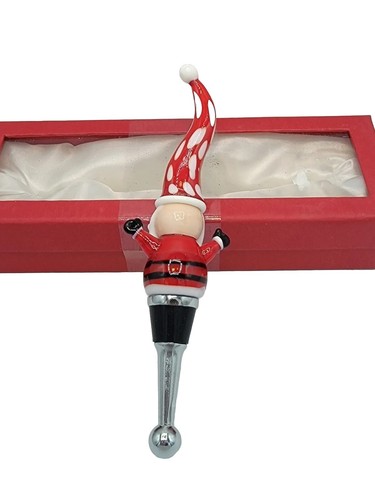 Santa Claus Christmas Wine Stopper Glass Blown Barware In Original Box 7" L - Picture 2 of 5