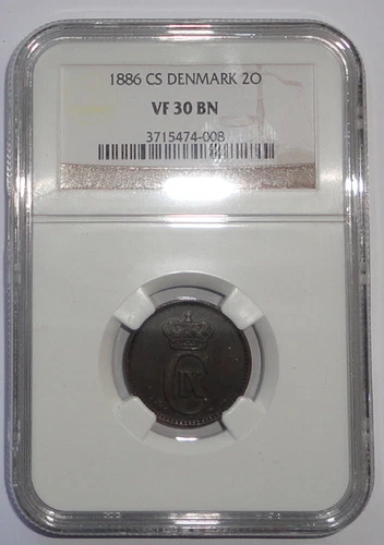 DENMARK  COIN 2 ORE 1886  NGC  VF 30  BN 